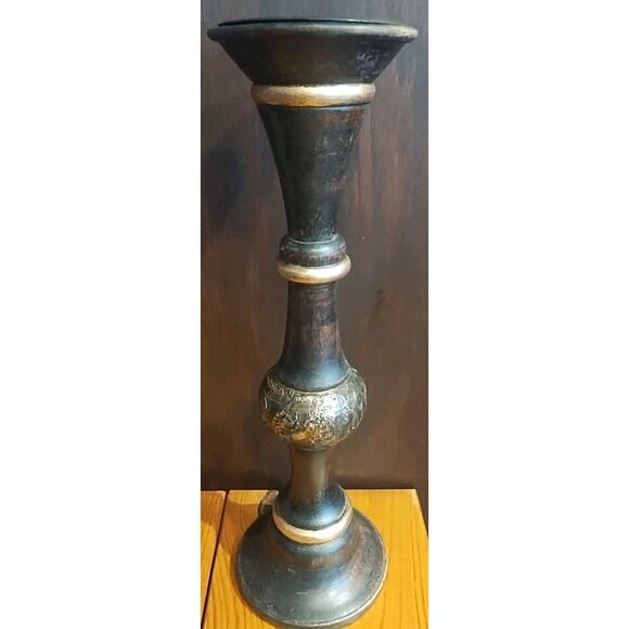Wooden Candlestick Holder Column 15" Tall Dark wood Gold for 3" pillar candle - Picture 3 of 9